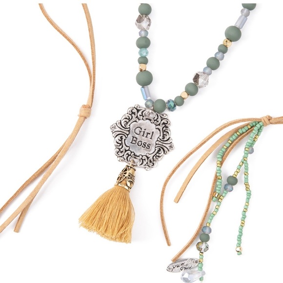 Bohemian Green and Silver 'Girl Boss' Necklace - Picture 8 of 8